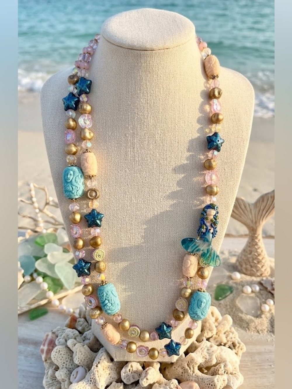 Artisan Handblown Glass Mermaid and Baroque Pearl Multistrand Necklace 🧁